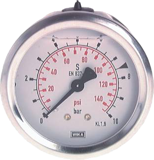 Manomètre WIKA Ø63mm - Inox - Rac. au dos Laiton - G1/4" - Avec glycérine - 0-1bar - Précision: 1.6