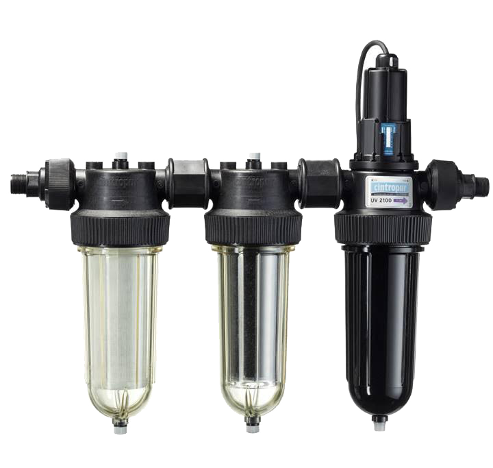 Filtres UV TRIO - PP/SAN - NBR - G3/4''-G1" MM - PN10 - Montage horizontal - 25 µm - (+)50°C