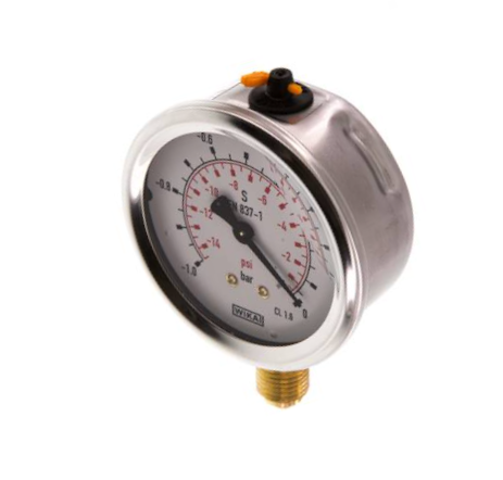 Manomètre WIKA Ø63mm - Inox - Rac. au bas Laiton - G1/4" - Av glycérine - (-)1-0bar - Précision 1.6