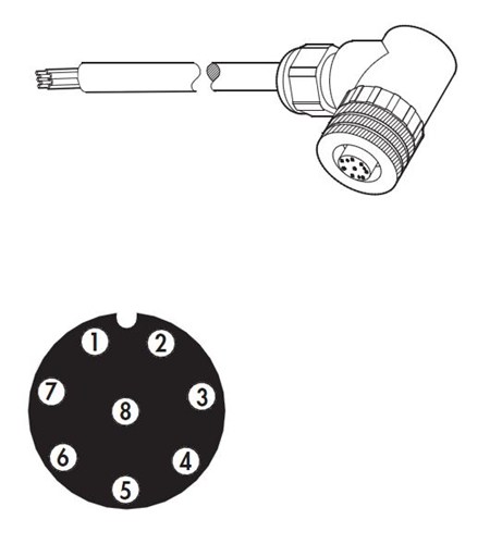 Connecteur M12x1 femelle coudé précâblé - 8 pôles - longueur de câble 5 mètres