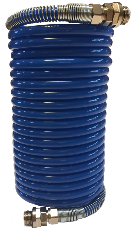 Tube pneumatique calibré spiralé - Polyamide - 8x6 mm - Bleu - 2,5 m - G1/4" - P. max: 12 bar