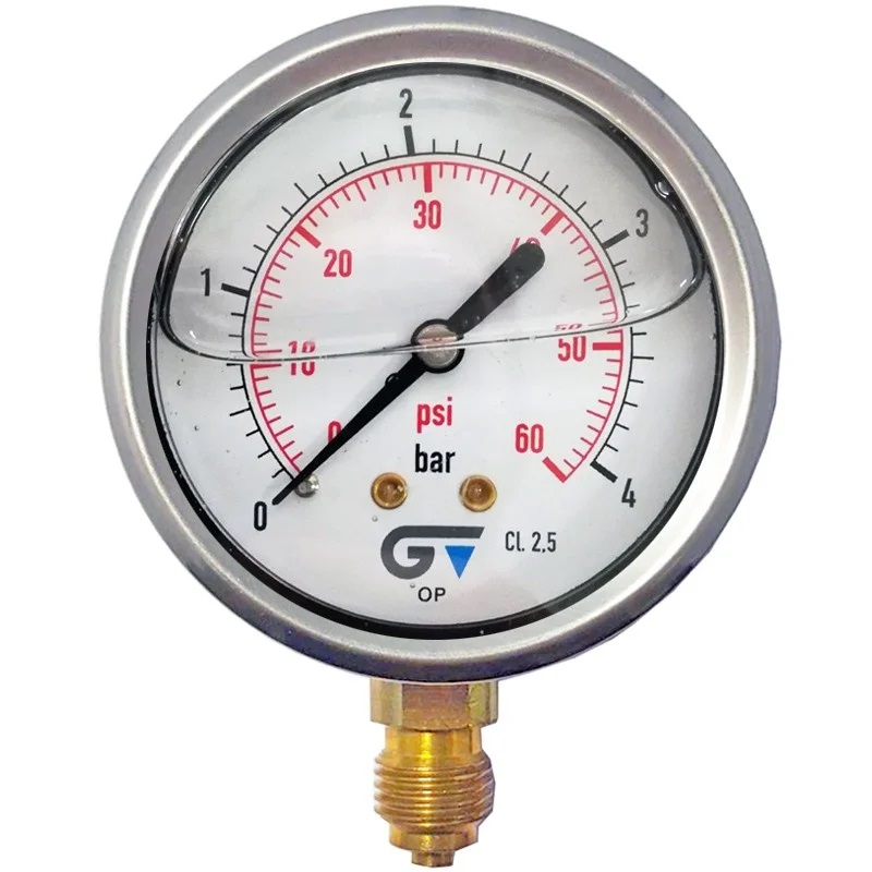 Manomètre Ø 63mm - Inox - Rac. au bas Laiton - G1/4'' - Avec glycérine - 0 - 4bar - Précision: 2.5