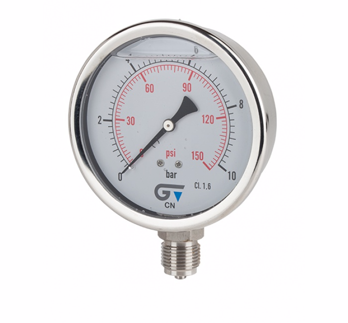 Pressure gauge full stainless steel - Ø100 - with glycerine - 1/2'' NPT - 0 to 16 Bar