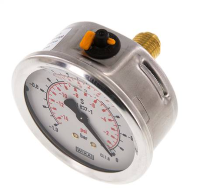 Manomètre WIKA Ø63mm - Inox - Rac. au dos Laiton - G1/4" - Av glycérine - (1) - 0bar - Précision 1.6