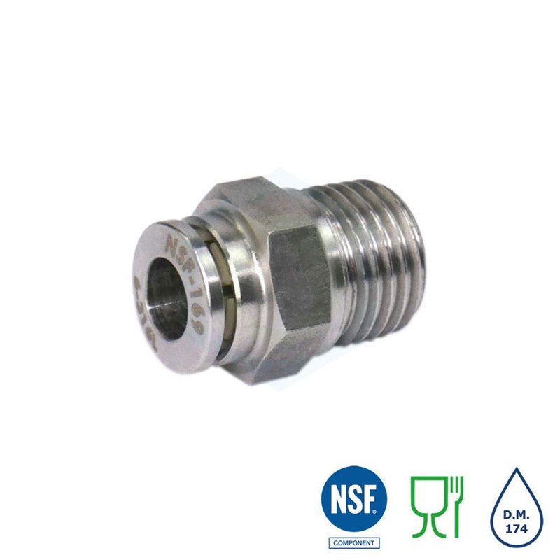Raccord instantané push-in en inox type XVRC-R - piquage droit mâle - R1/2" - Ø14mm - 20 bar - 150°C