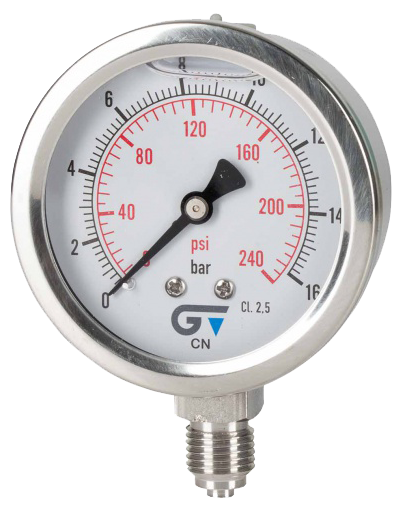 Pressure Gauge Ø63mm - Stainl. Steel and bottom connex - G1/4'' - With glyc. - 0-2,5bar