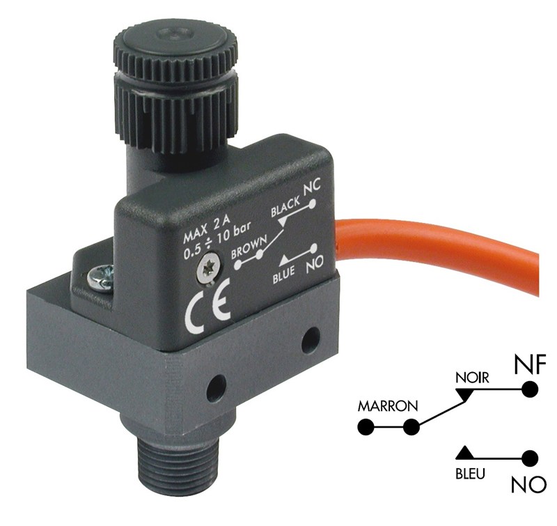 Pressure switch - IP65 - Auminum - G1/8" - 0,5 to 10bar - Max 15bar - NO/NC - M8 connection