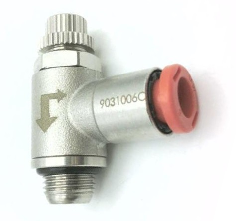 Limiteurs de débit - Equerre - Unidir. pour actionneur - Laiton nickelé - 1/8" M - Ø5mm - 0 à 10bar