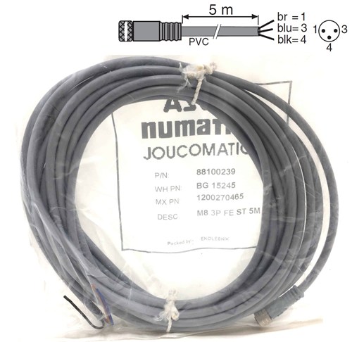 Cable with straight female M8 connector on one side and 3 stripped ends on the other