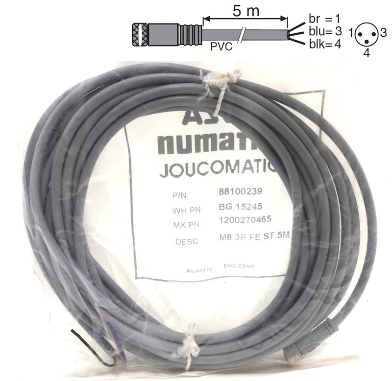 Cable with straight female M8 connector on one side and 3 stripped ends on the other
