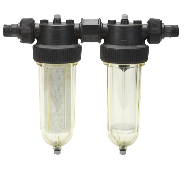 Filtres DUO - PP/SAN - NBR - G3/4''-G1" MM - PN10 - Montage horizontal - 25 µm - (+)50°C