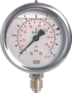 Manomètre WIKA Ø63mm - Inox - Rac. au bas Laiton - G1/4" - Avec glycérine - 0-100bar - Précision 1.6