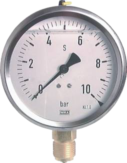 Manomètre WIKA Ø100mm - Inox - Rac au bas Laiton - G1/2" - Avec glycérine - 0-100bar - Précision 1.0