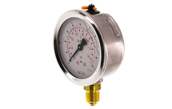 Manomètre WIKA Ø63mm - Inox - Rac. au bas Laiton - G1/4" - Avec glycérine - 0-10bar - Précision: 1.6