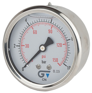 Manomètre Ø 63mm - Inox - Rac. au dos Laiton - G1/4'' - Avec glycérine - 0 - 10bar - Précision: 2.5