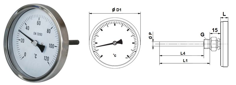 Thermomètres Ø 100 mm - Inox - Racc. au dos Inox - 1/2" - Doigt de gant: 100 mm - 0°C à (+)160°C